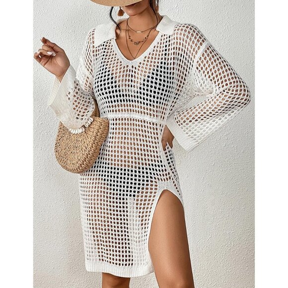 🆕Women White Polyester Crochet Cover Up Long Sleeve Beach Summer Dress Top - Picture 7 of 7